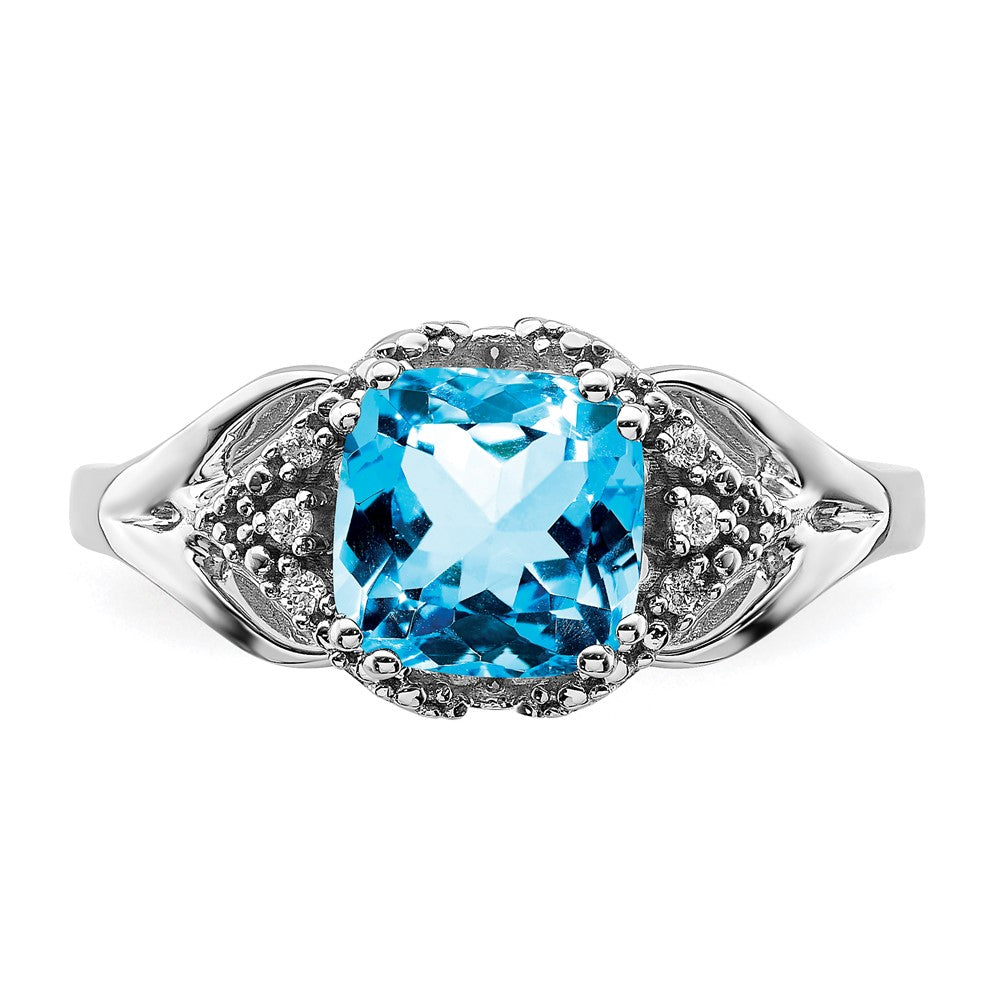 Solid 14k White Gold Simulated Blue Topaz and CZ Ring