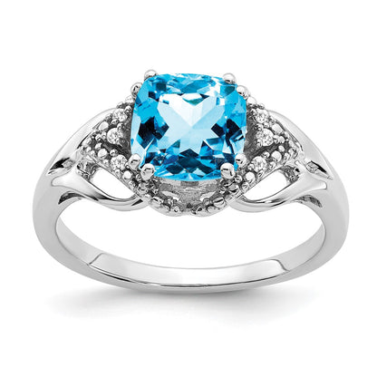 Solid 14k White Gold Simulated Blue Topaz and CZ Ring