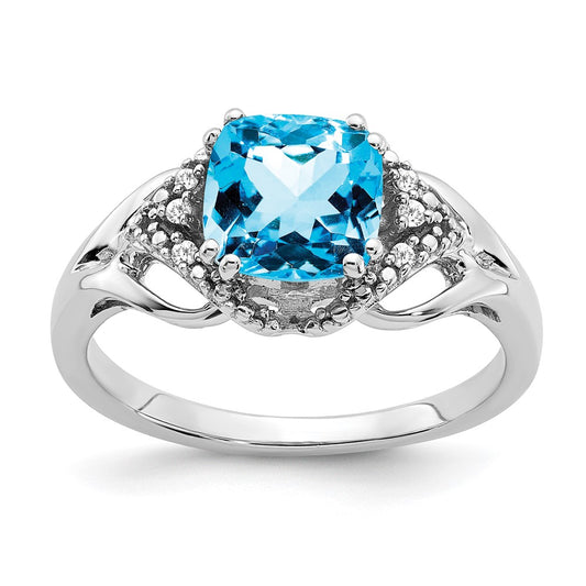 Solid 14k White Gold Simulated Blue Topaz and CZ Ring