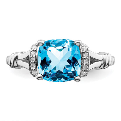 Solid 14k White Gold Simulated Blue Topaz and CZ Ring