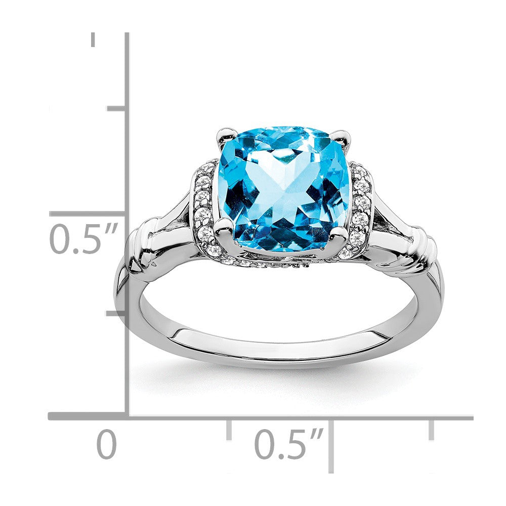Solid 14k White Gold Simulated Blue Topaz and CZ Ring
