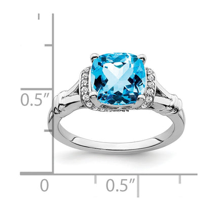 Solid 14k White Gold Simulated Blue Topaz and CZ Ring