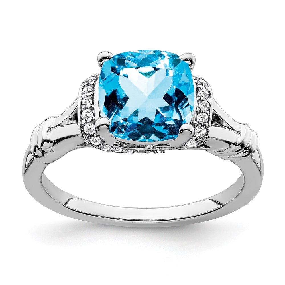 Solid 14k White Gold Simulated Blue Topaz and CZ Ring