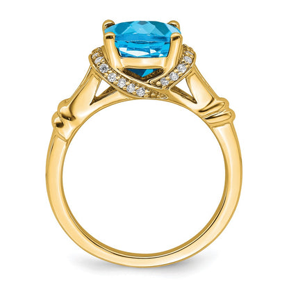 Solid 14k Yellow Gold Simulated Blue Topaz and CZ Ring