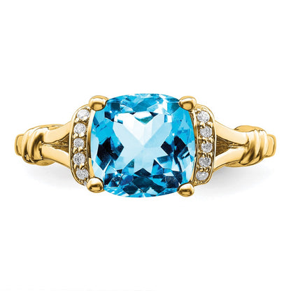 Solid 14k Yellow Gold Simulated Blue Topaz and CZ Ring
