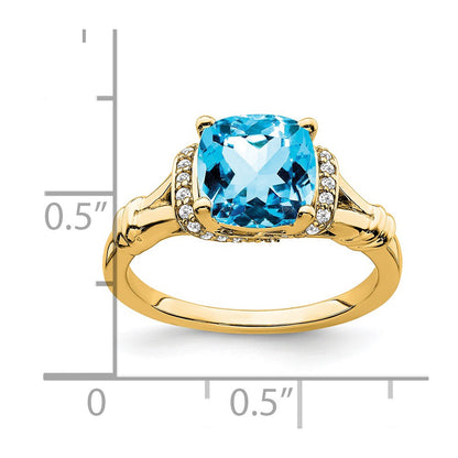 Solid 14k Yellow Gold Simulated Blue Topaz and CZ Ring