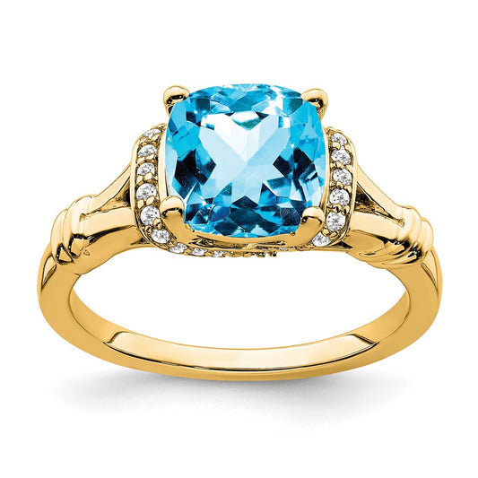 Solid 14k Yellow Gold Simulated Blue Topaz and CZ Ring