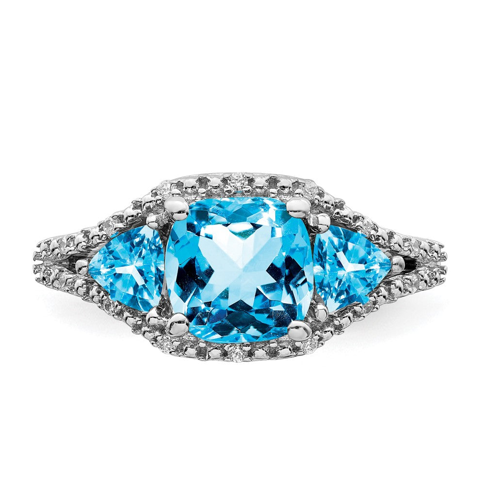 Solid 14k White Gold Simulated Blue Topaz and CZ Ring