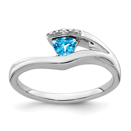 Solid 14k White Gold Trillion Simulated Blue Topaz and CZ Ring