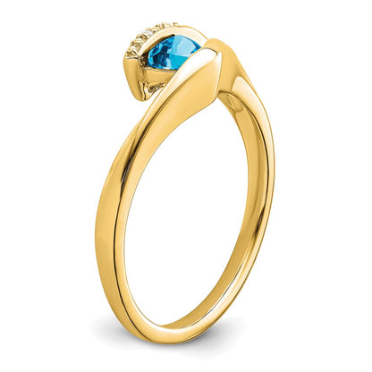 Solid 14k Yellow Gold Trillion Simulated Blue Topaz and CZ Ring