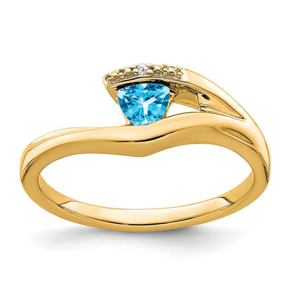 Solid 14k Yellow Gold Trillion Simulated Blue Topaz and CZ Ring