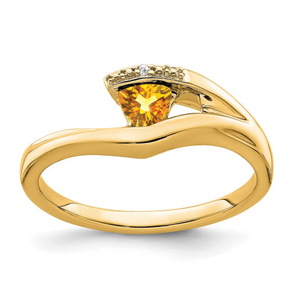 Solid 14k Yellow Gold Trillion Simulated Citrine and CZ Ring