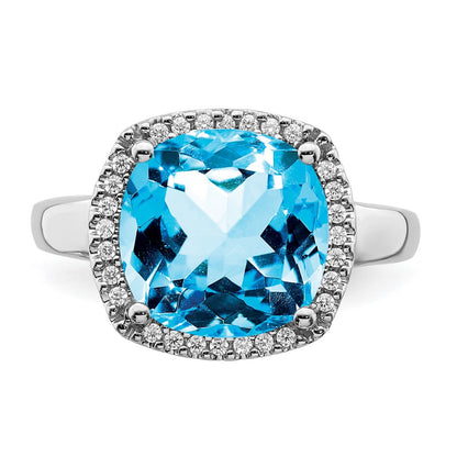 Solid 14k White Gold Simulated Blue Topaz and CZ Ring