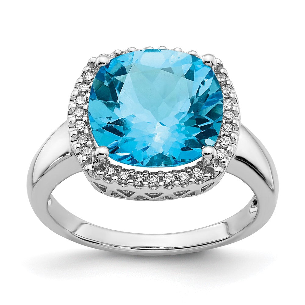 Solid 14k White Gold Simulated Blue Topaz and CZ Ring