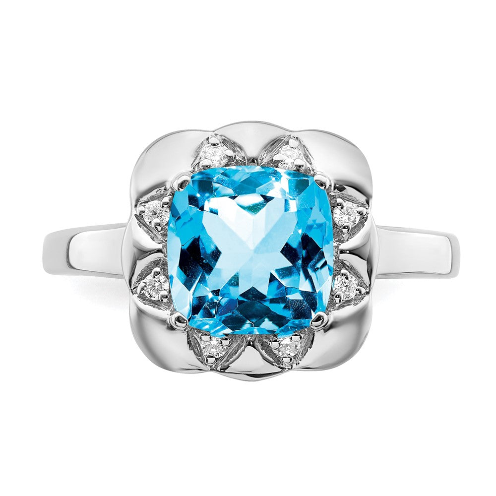 Solid 14k White Gold Simulated Blue Topaz and CZ Ring