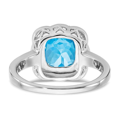 Solid 14k White Gold Simulated Blue Topaz and CZ Ring