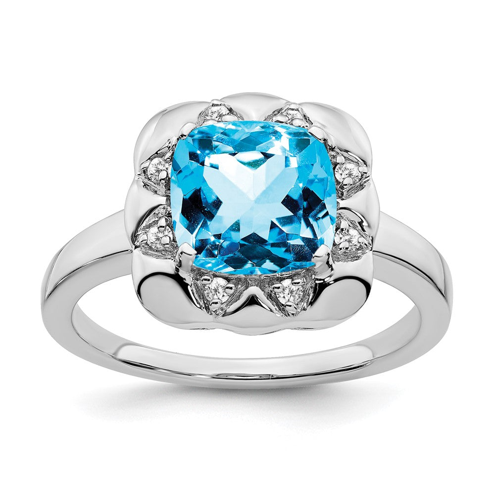 Solid 14k White Gold Simulated Blue Topaz and CZ Ring