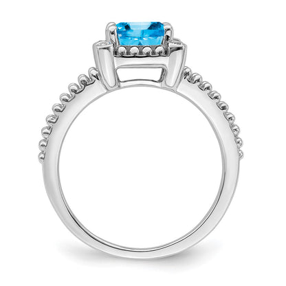 Solid 14k White Gold Cushion Simulated Blue Topaz and CZ Ring