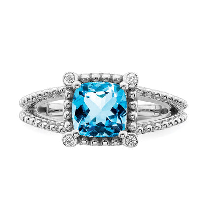 Solid 14k White Gold Cushion Simulated Blue Topaz and CZ Ring