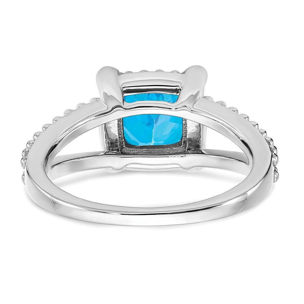 Solid 14k White Gold Cushion Simulated Blue Topaz and CZ Ring