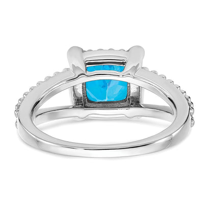 Solid 14k White Gold Cushion Simulated Blue Topaz and CZ Ring
