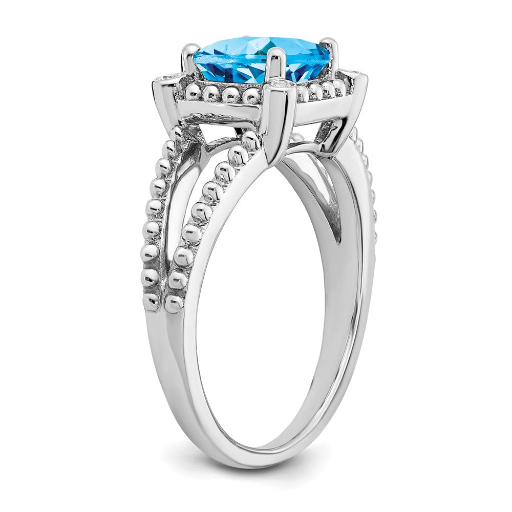 Solid 14k White Gold Cushion Simulated Blue Topaz and CZ Ring