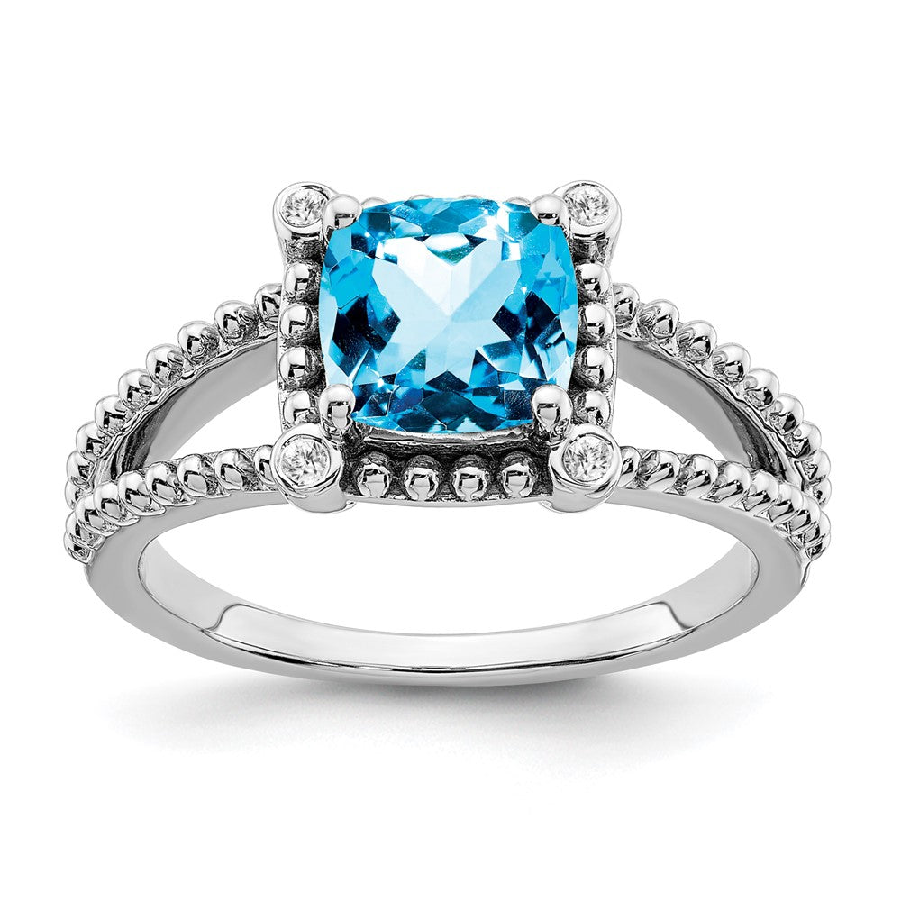 Solid 14k White Gold Cushion Simulated Blue Topaz and CZ Ring