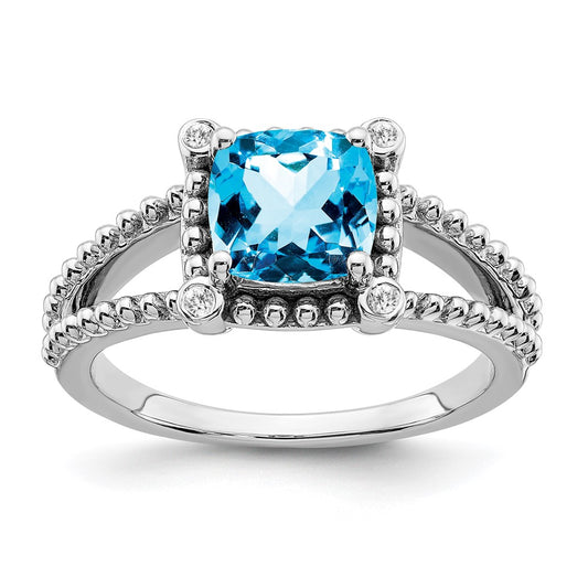 Solid 14k White Gold Cushion Simulated Blue Topaz and CZ Ring