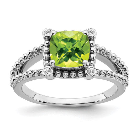 14k white gold cushion peridot and real diamond ring rm7163 pe 004 wa