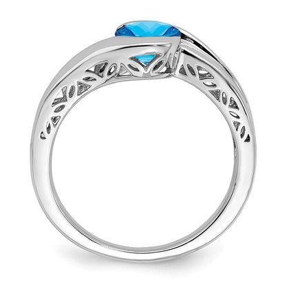 Solid 14k White Gold Simulated Blue Topaz Bypass Ring