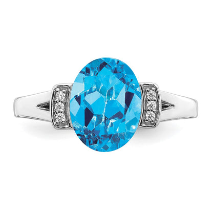 Solid 14k White Gold Oval Simulated Blue Topaz and CZ Ring