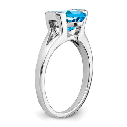 Solid 14k White Gold Oval Simulated Blue Topaz and CZ Ring