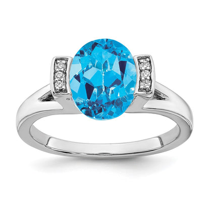 Solid 14k White Gold Oval Simulated Blue Topaz and CZ Ring
