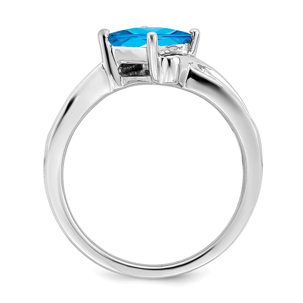 Solid 14k White Gold Square Simulated Blue Topaz and CZ Ring
