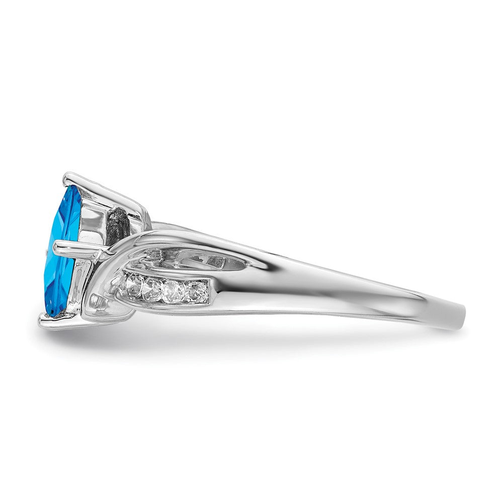 Solid 14k White Gold Square Simulated Blue Topaz and CZ Ring