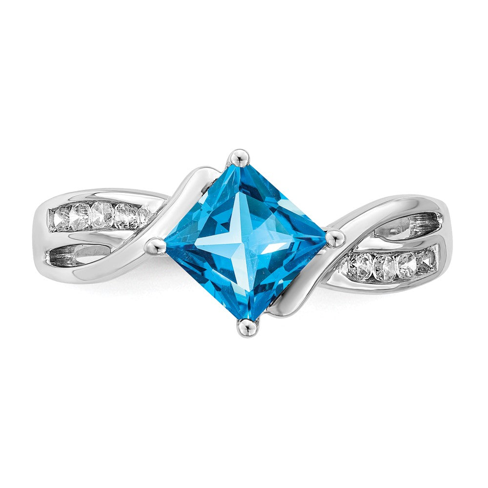 Solid 14k White Gold Square Simulated Blue Topaz and CZ Ring