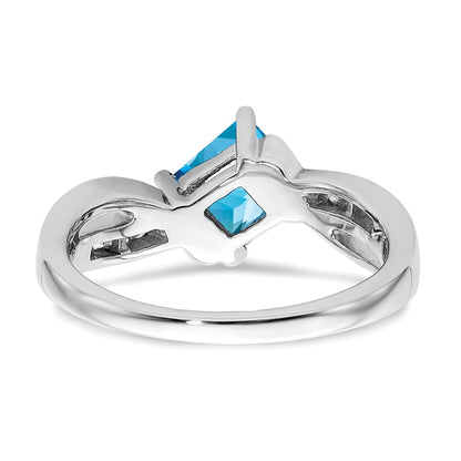 Solid 14k White Gold Square Simulated Blue Topaz and CZ Ring