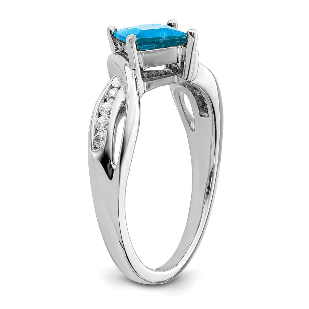 Solid 14k White Gold Square Simulated Blue Topaz and CZ Ring