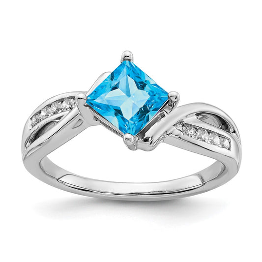 Solid 14k White Gold Square Simulated Blue Topaz and CZ Ring