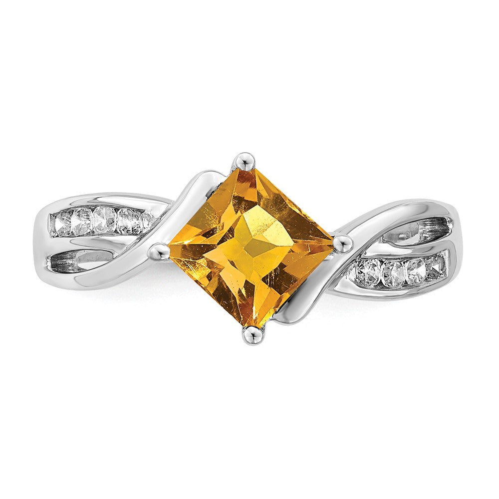 Solid 14k White Gold Square Simulated Citrine and CZ Ring