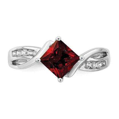 Solid 14k White Gold Square Simulated Garnet and CZ Ring
