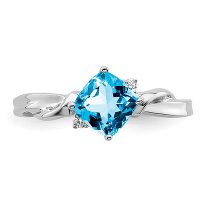 Solid 14k White Gold Cushion Simulated Blue Topaz and CZ Ring