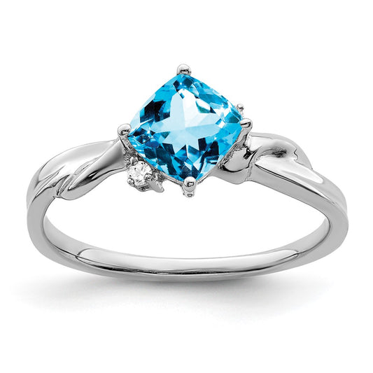 Solid 14k White Gold Cushion Simulated Blue Topaz and CZ Ring
