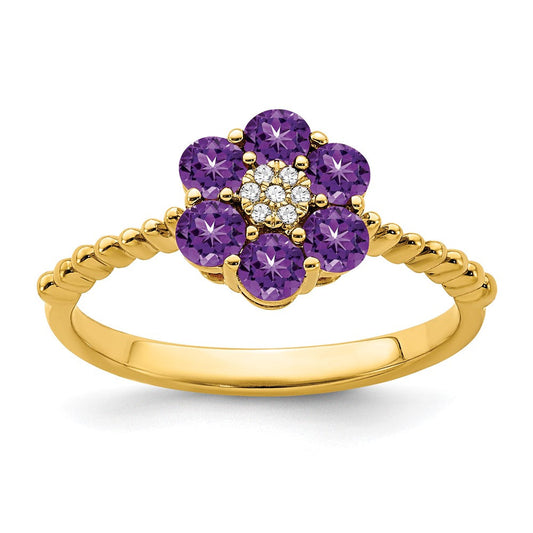 14k yellow gold amethyst and real diamond floral ring rm7191 am 003 ya