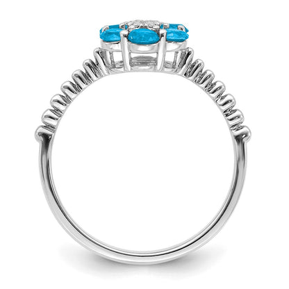 Solid 14k White Gold Simulated Blue Topaz and CZ Floral Ring