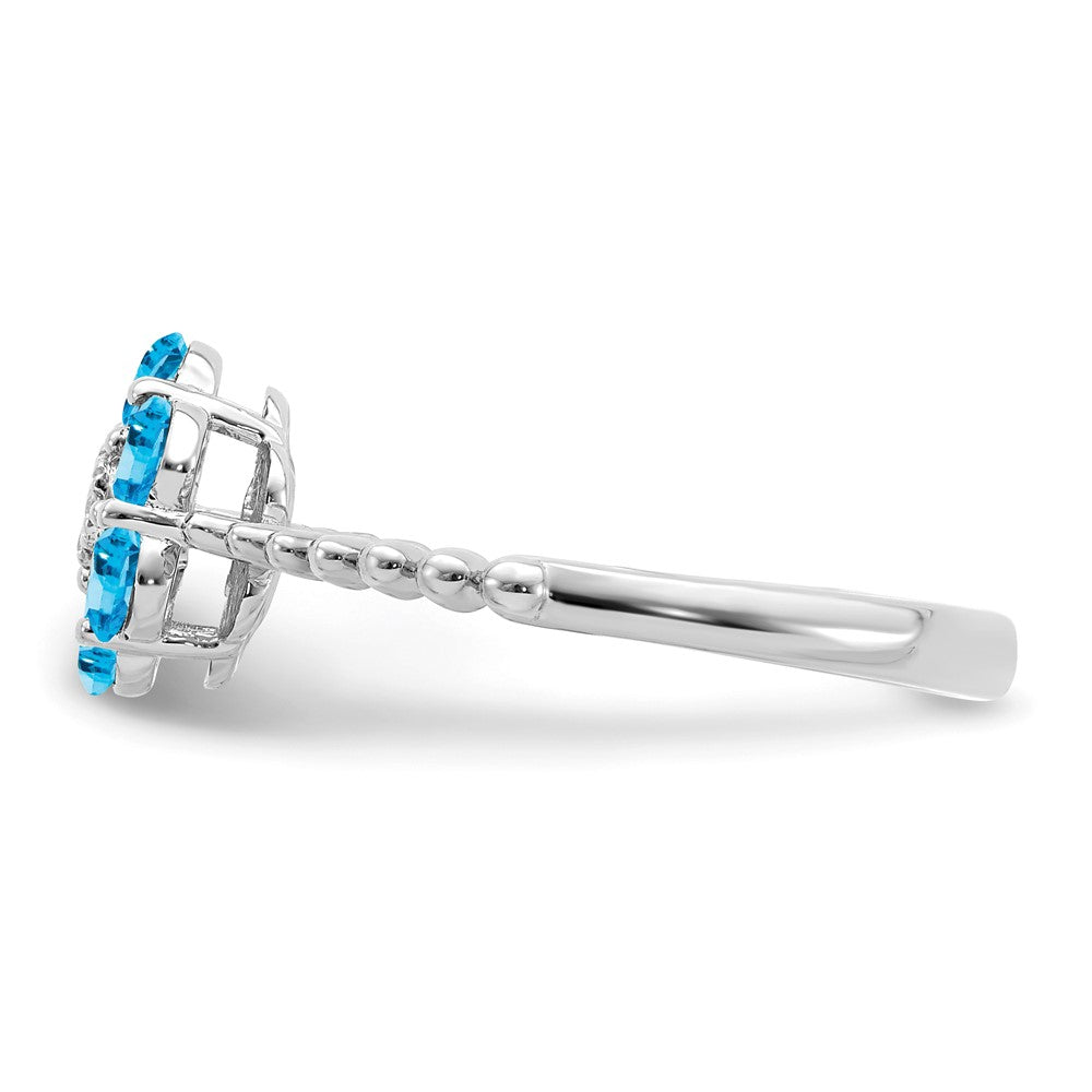 Solid 14k White Gold Simulated Blue Topaz and CZ Floral Ring