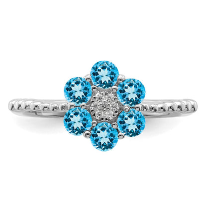 Solid 14k White Gold Simulated Blue Topaz and CZ Floral Ring