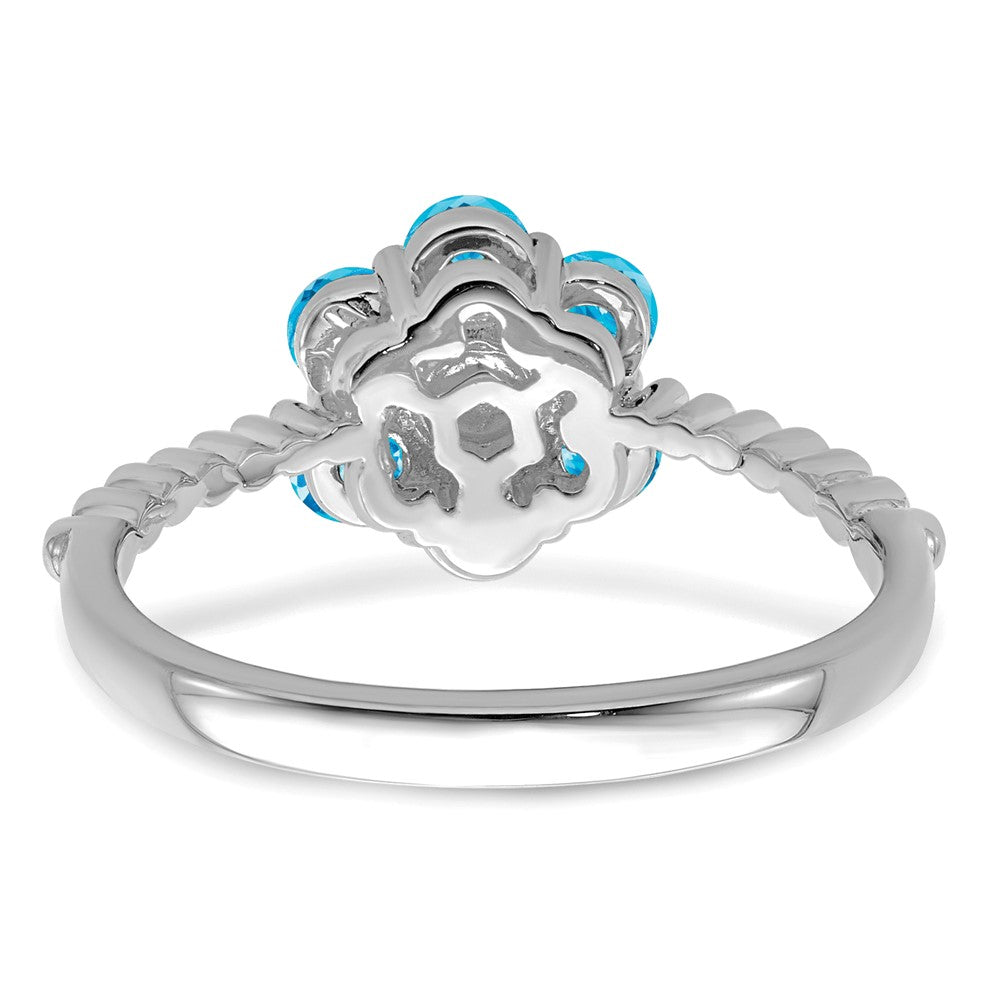 Solid 14k White Gold Simulated Blue Topaz and CZ Floral Ring