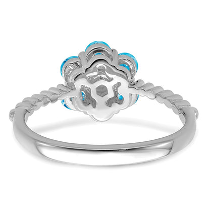 Solid 14k White Gold Simulated Blue Topaz and CZ Floral Ring