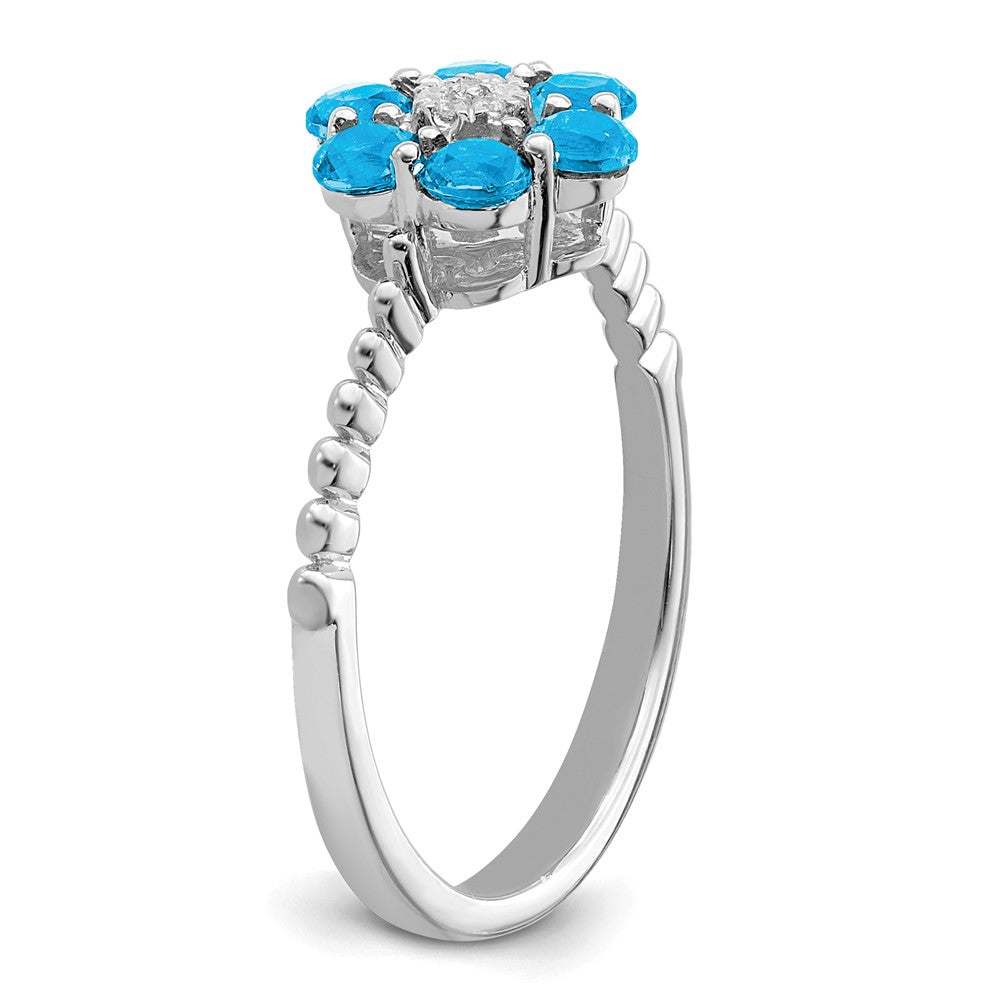 Solid 14k White Gold Simulated Blue Topaz and CZ Floral Ring